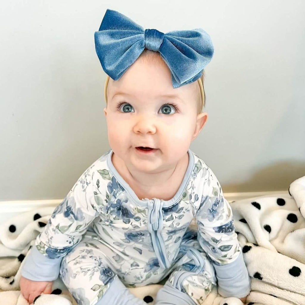 Velvet Bow Headband - Dusty Blue