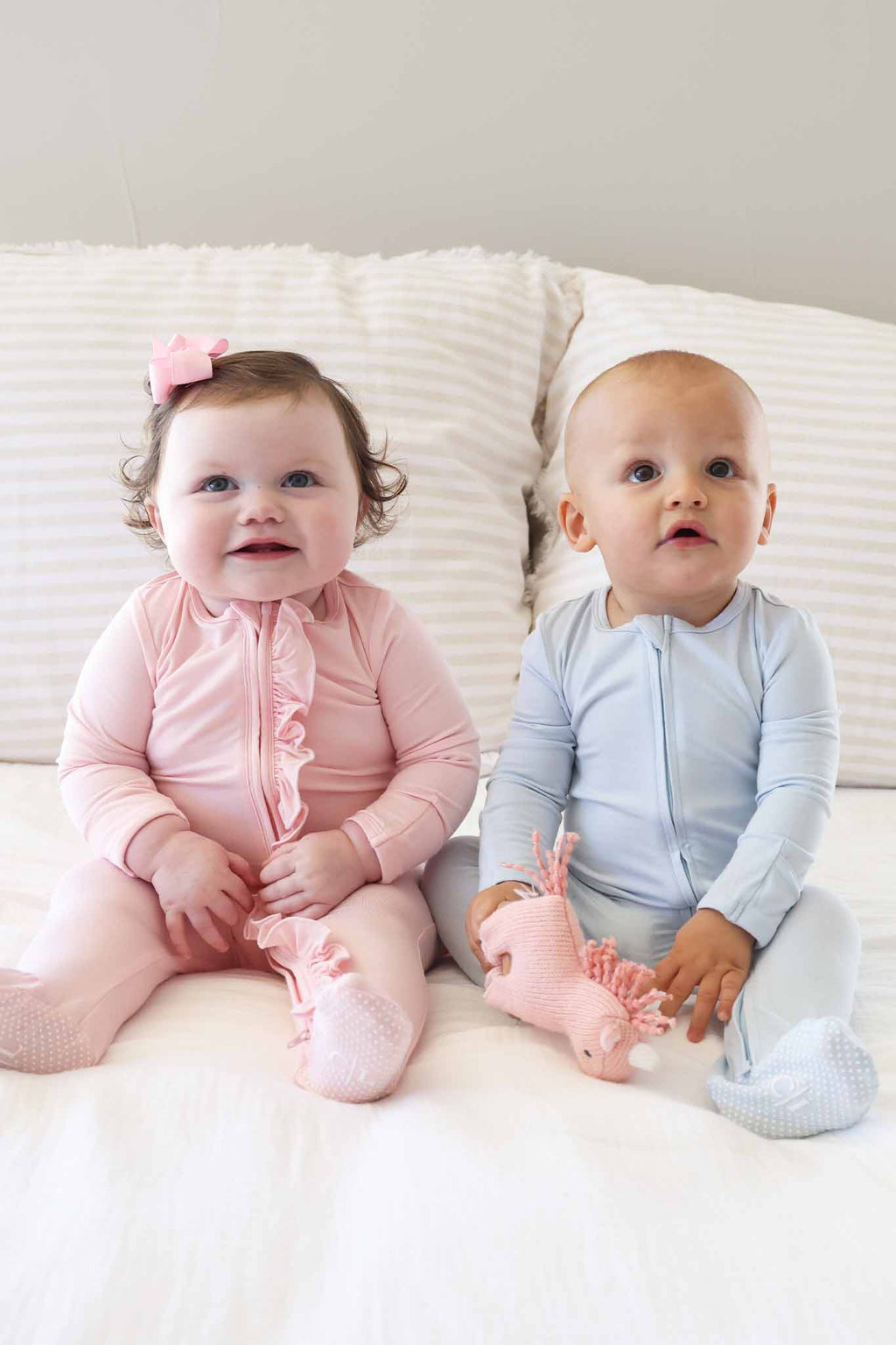 Baby Pink Bamboo Ruffle Zipper Footie