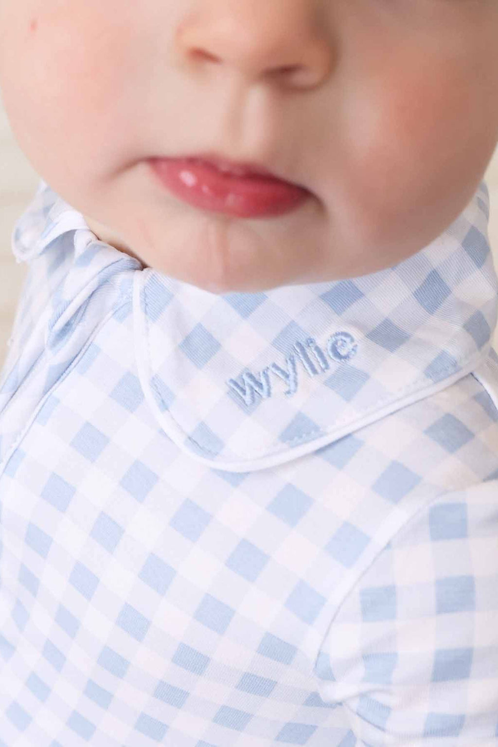Peter Pan Collar Zipper Footie | Dusty Blue Gingham