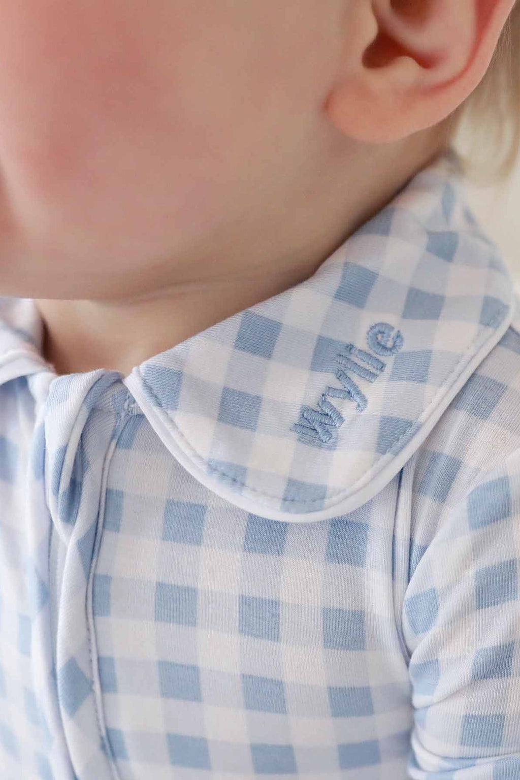 Peter Pan Collar Zipper Footie | Dusty Blue Gingham