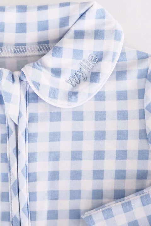 Peter Pan Collar Zipper Footie | Dusty Blue Gingham