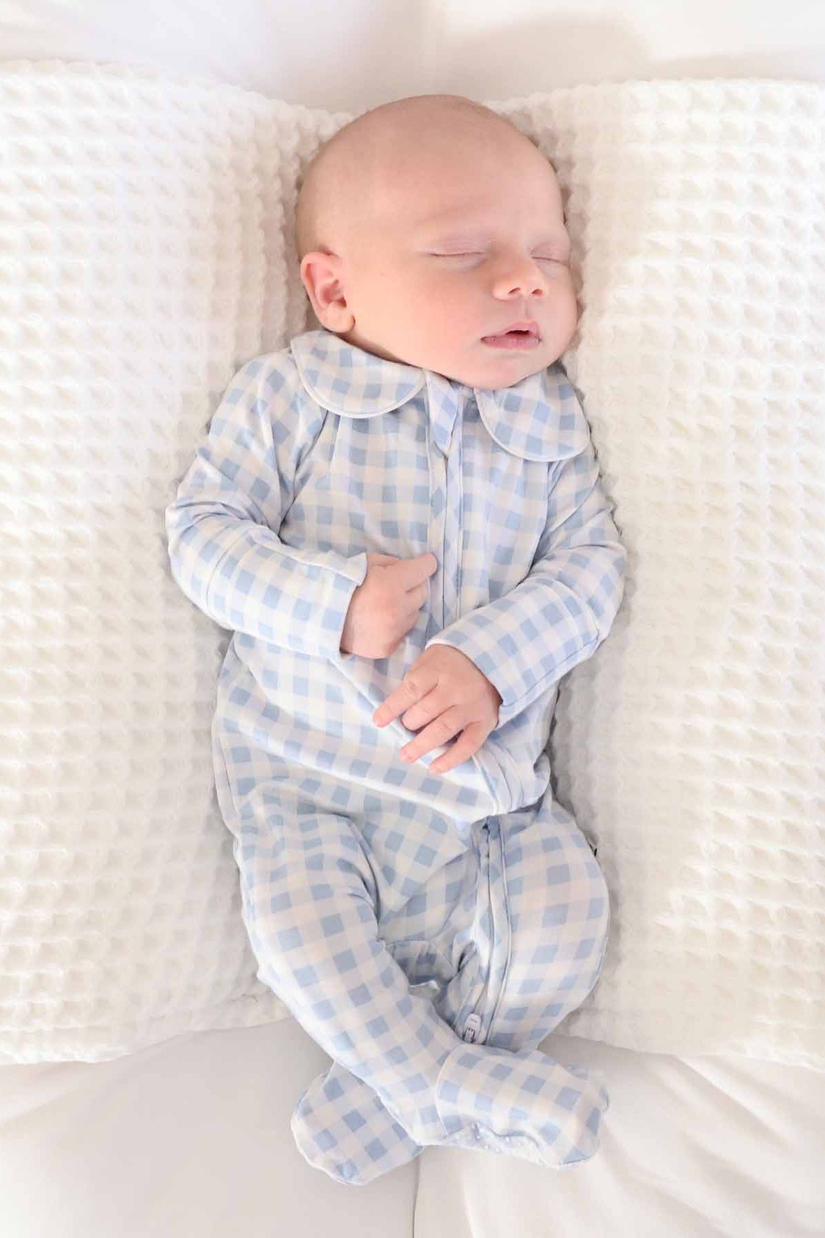 Peter Pan Collar Zipper Footie | Dusty Blue Gingham