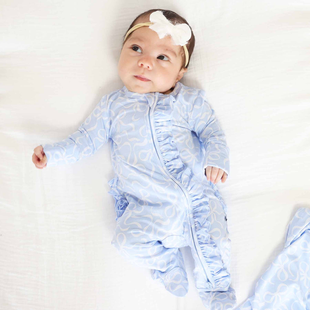 Blue-tiful Bows Ruffle Zipper Footie