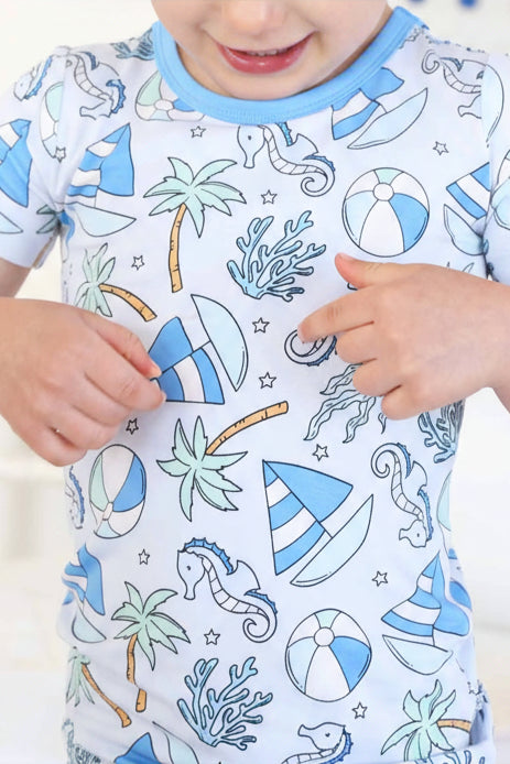 Two Piece Short Pajama Set | Tiny Tides Blue