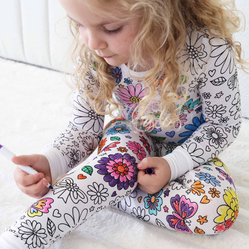 Colorable Two Piece Pajama Set | Floral Flutter