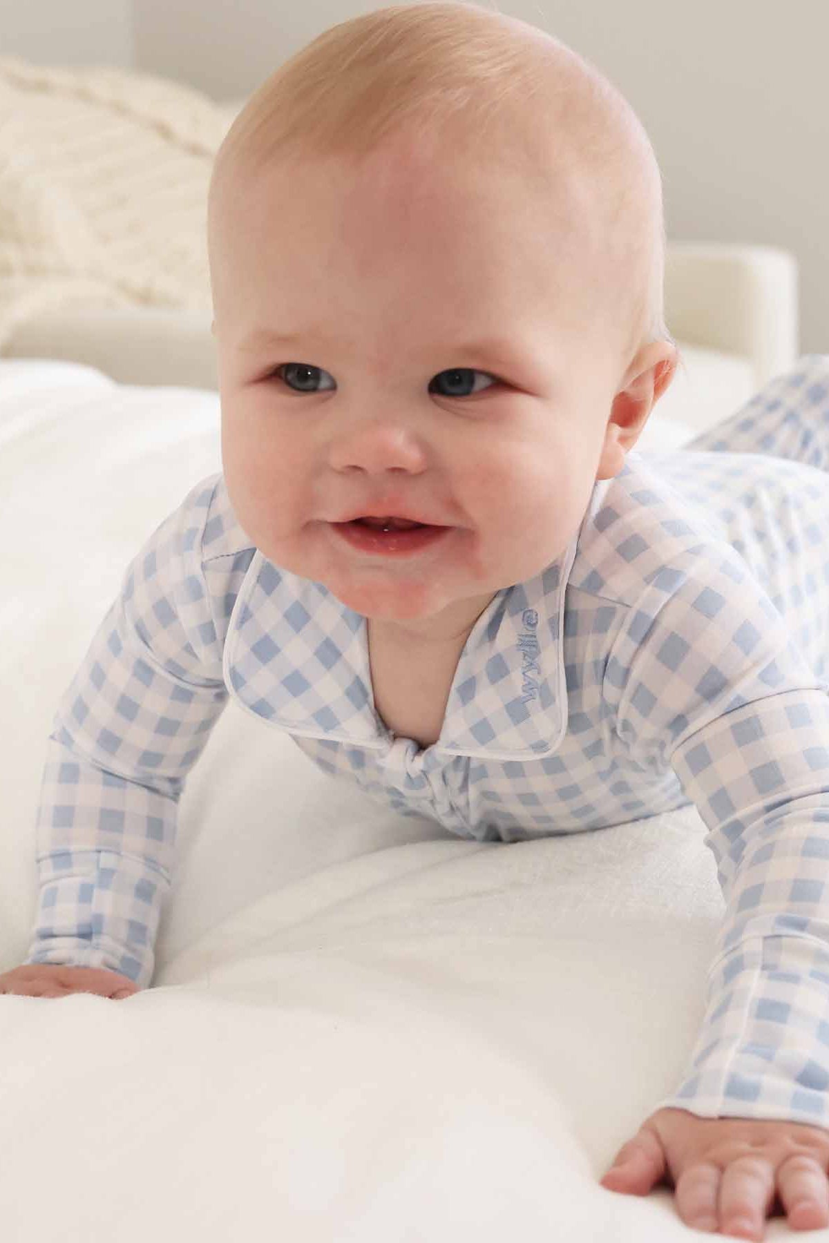 Peter Pan Collar Zipper Footie | Dusty Blue Gingham