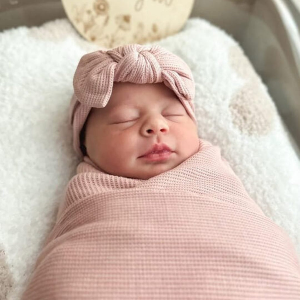 Lovely Pink Bamboo Waffle Knit Large Bow Headwrap
