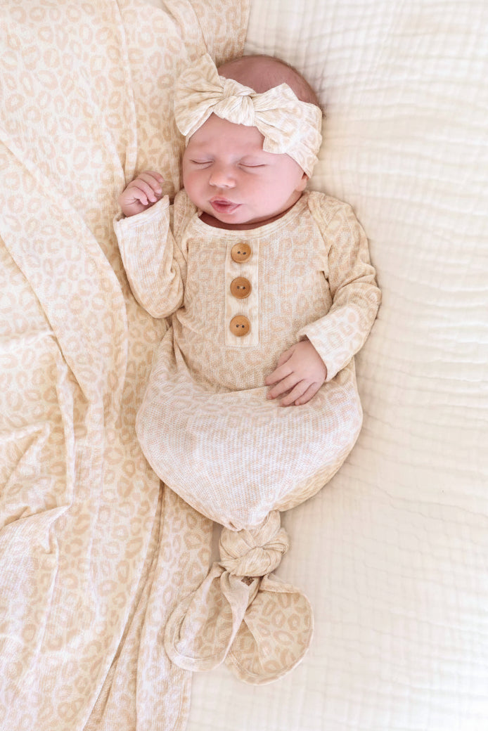 Lovely Leopard Bamboo Waffle Knit Large Bow Headwrap