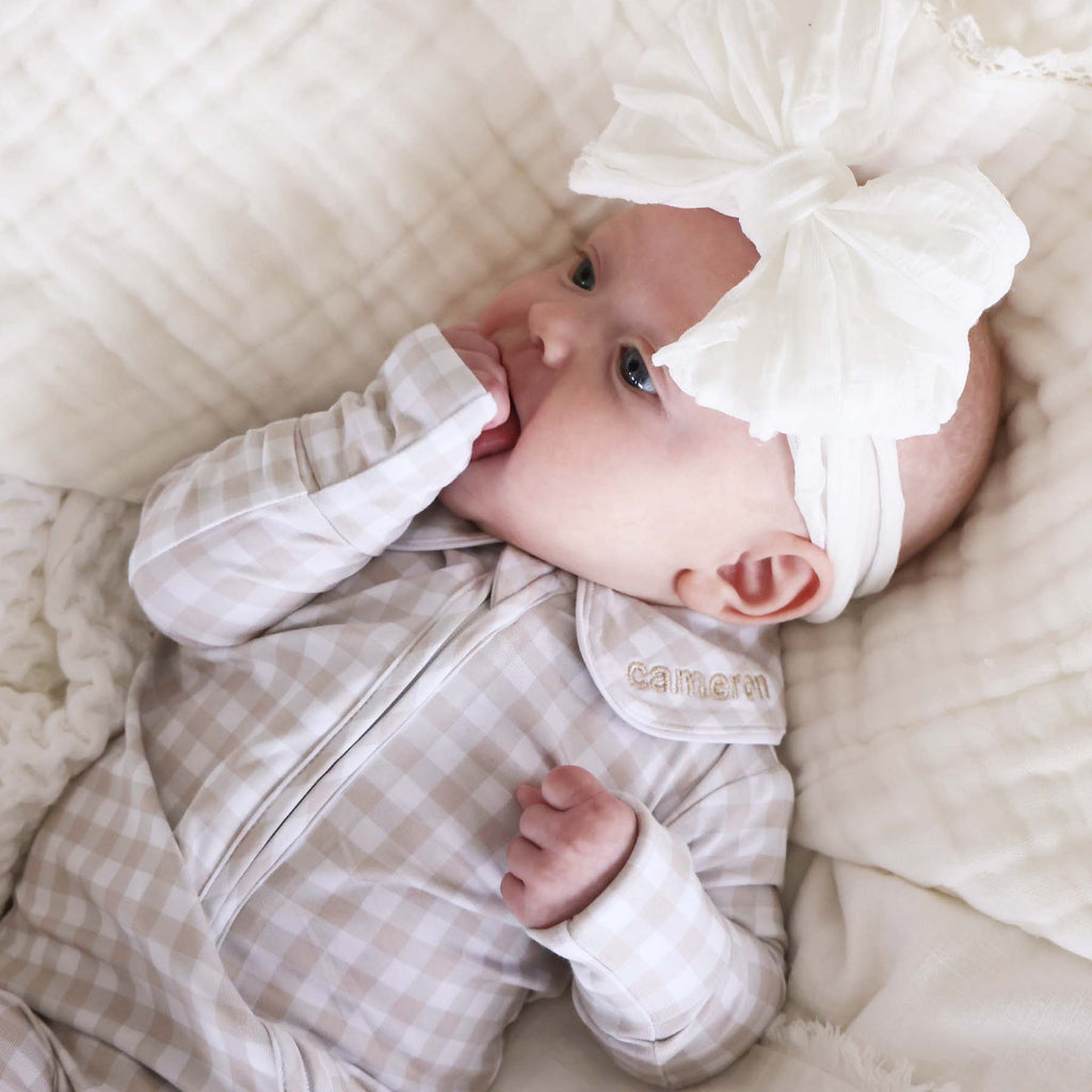Peter Pan Collar Zipper Footie | Taupe Gingham