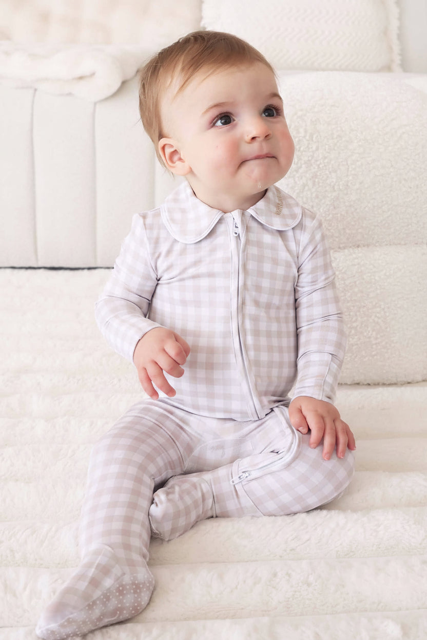 Peter Pan Collar Zipper Footie | Taupe Gingham