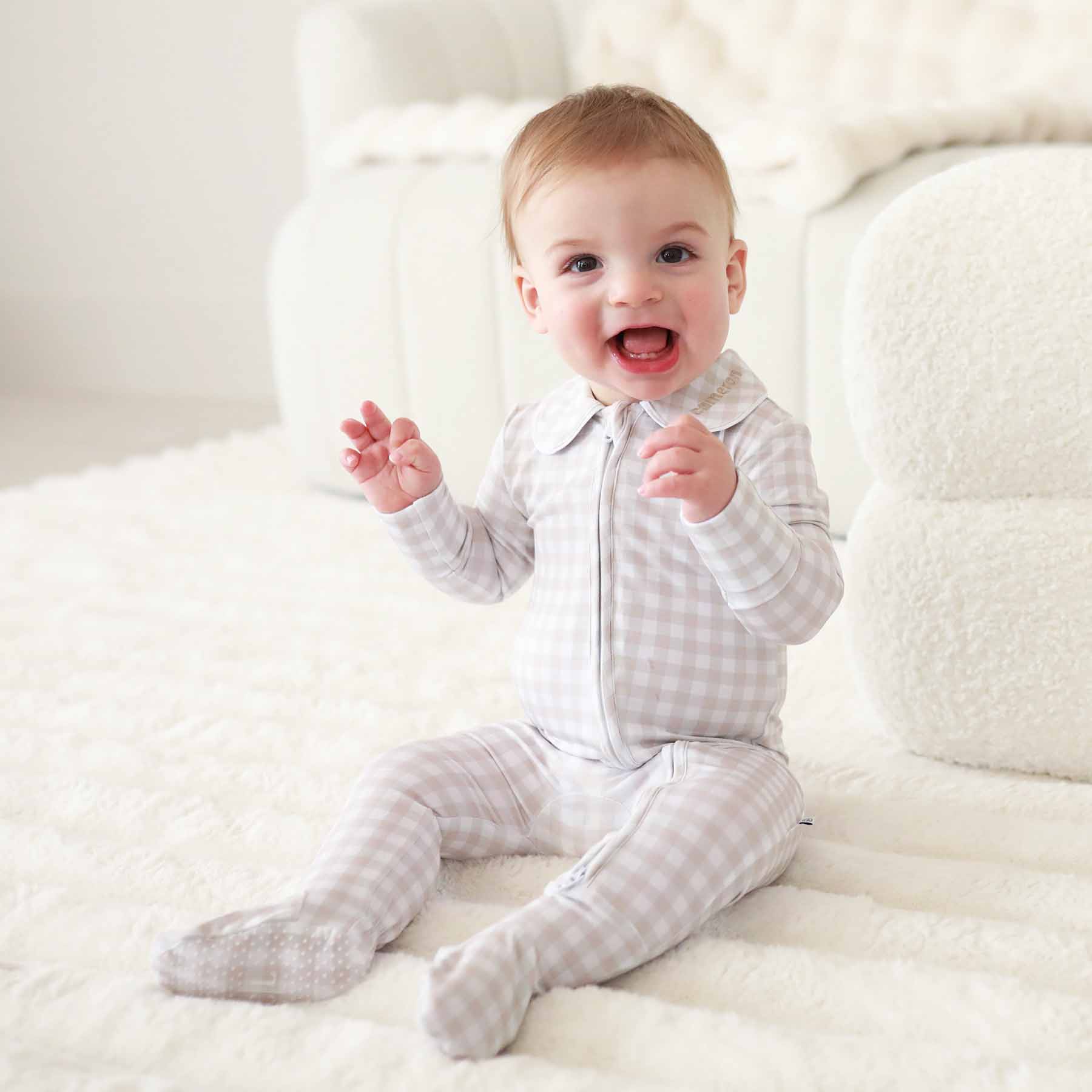 Peter Pan Collar Zipper Footie | Taupe Gingham