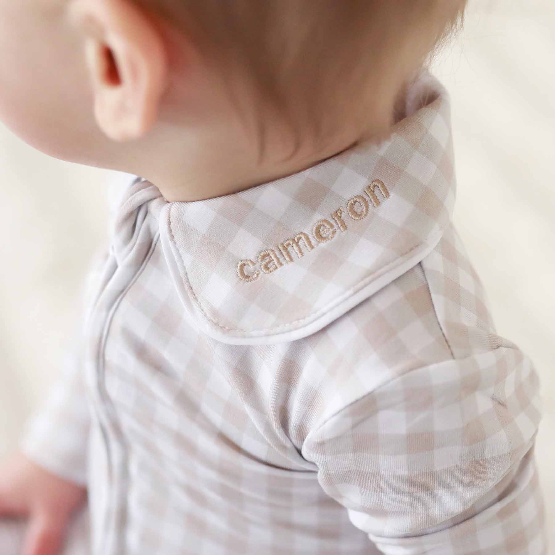 Peter Pan Collar Zipper Footie | Taupe Gingham