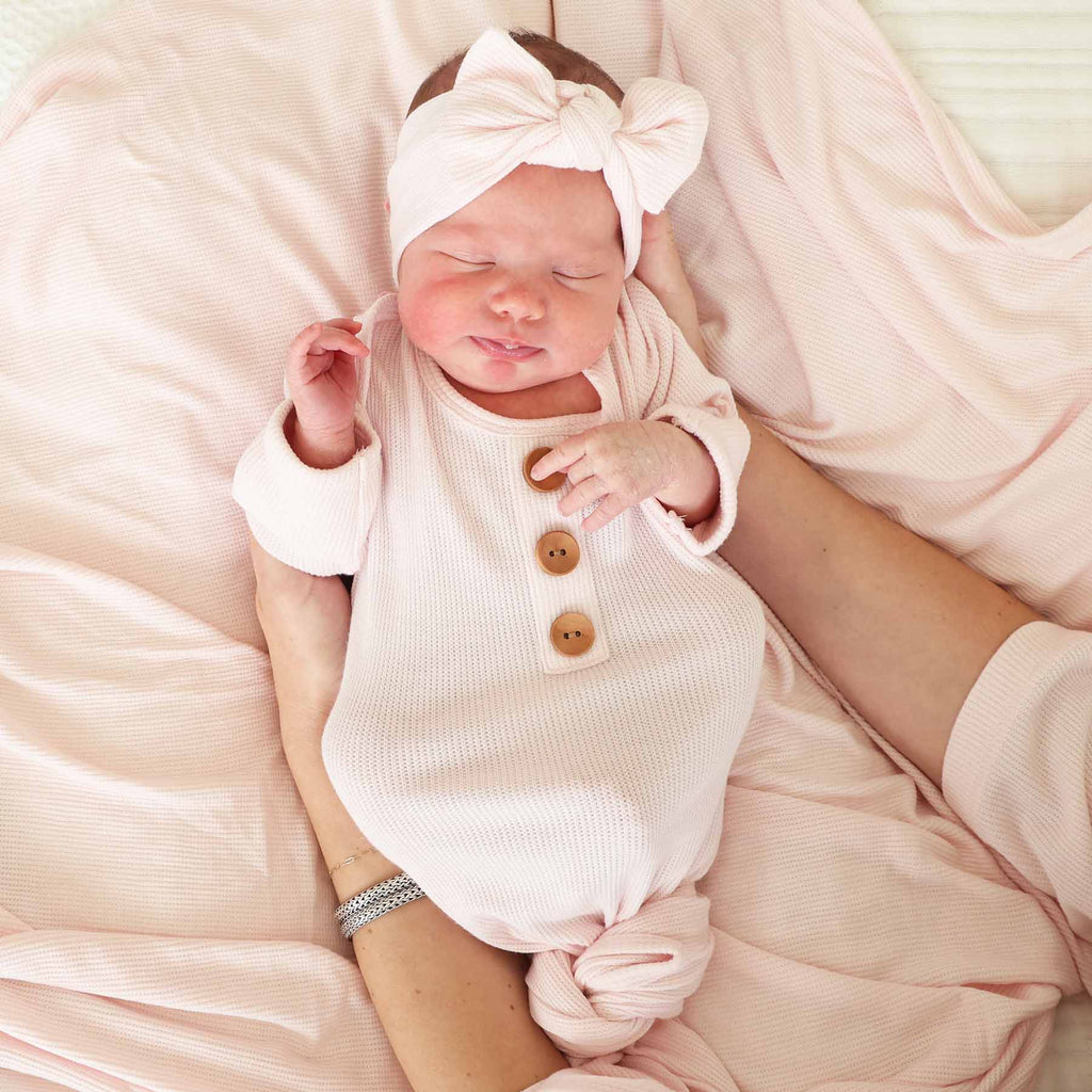 Pearl Pink Bamboo Waffle Knit Large Bow Headwrap