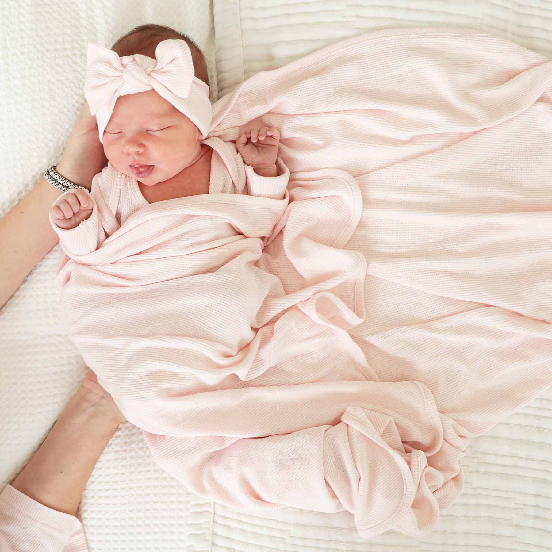 Pearl Pink Bamboo Waffle Knit Large Bow Headwrap