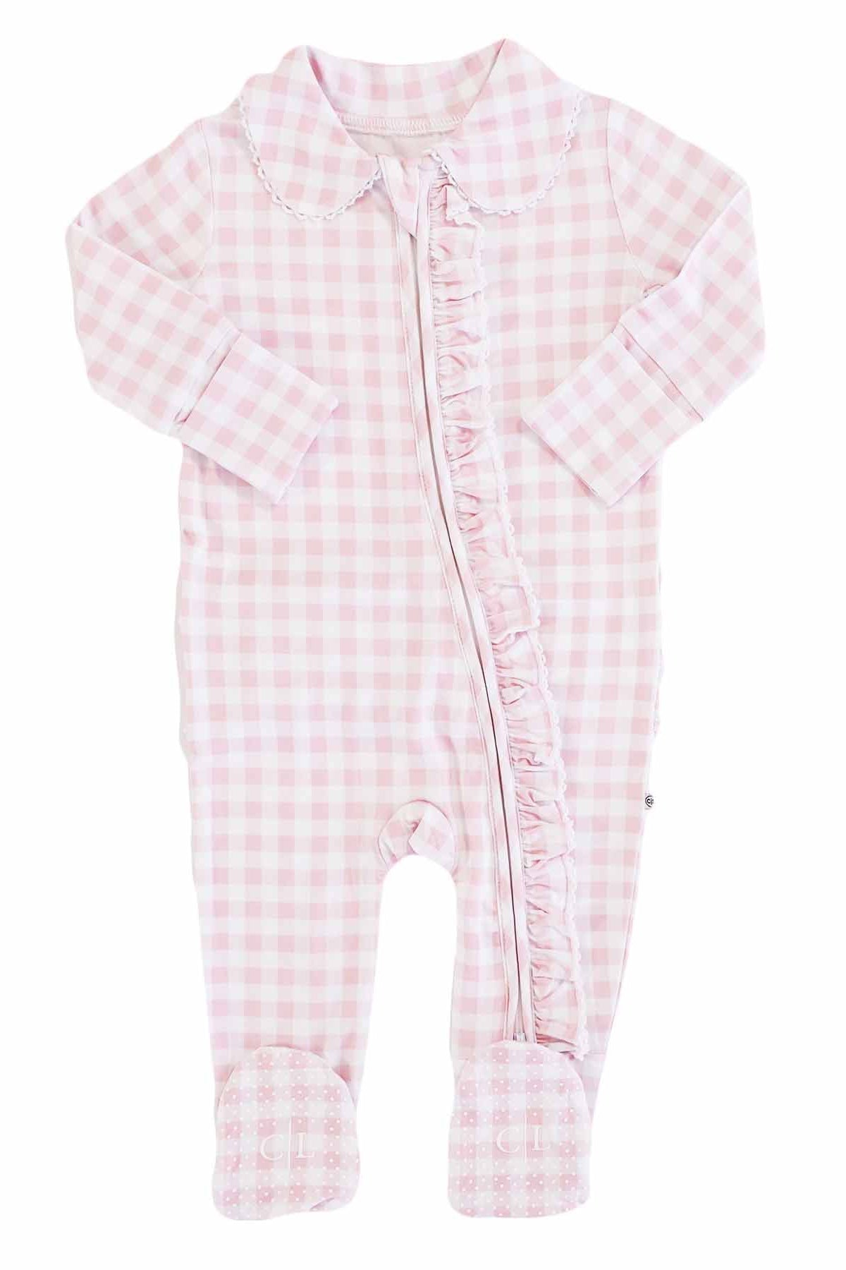 Peter Pan Collar Ruffle Zipper Footie | Rosy Gingham