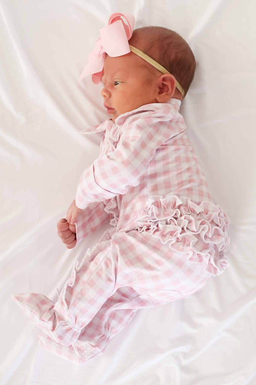Peter Pan Collar Ruffle Zipper Footie | Rosy Gingham