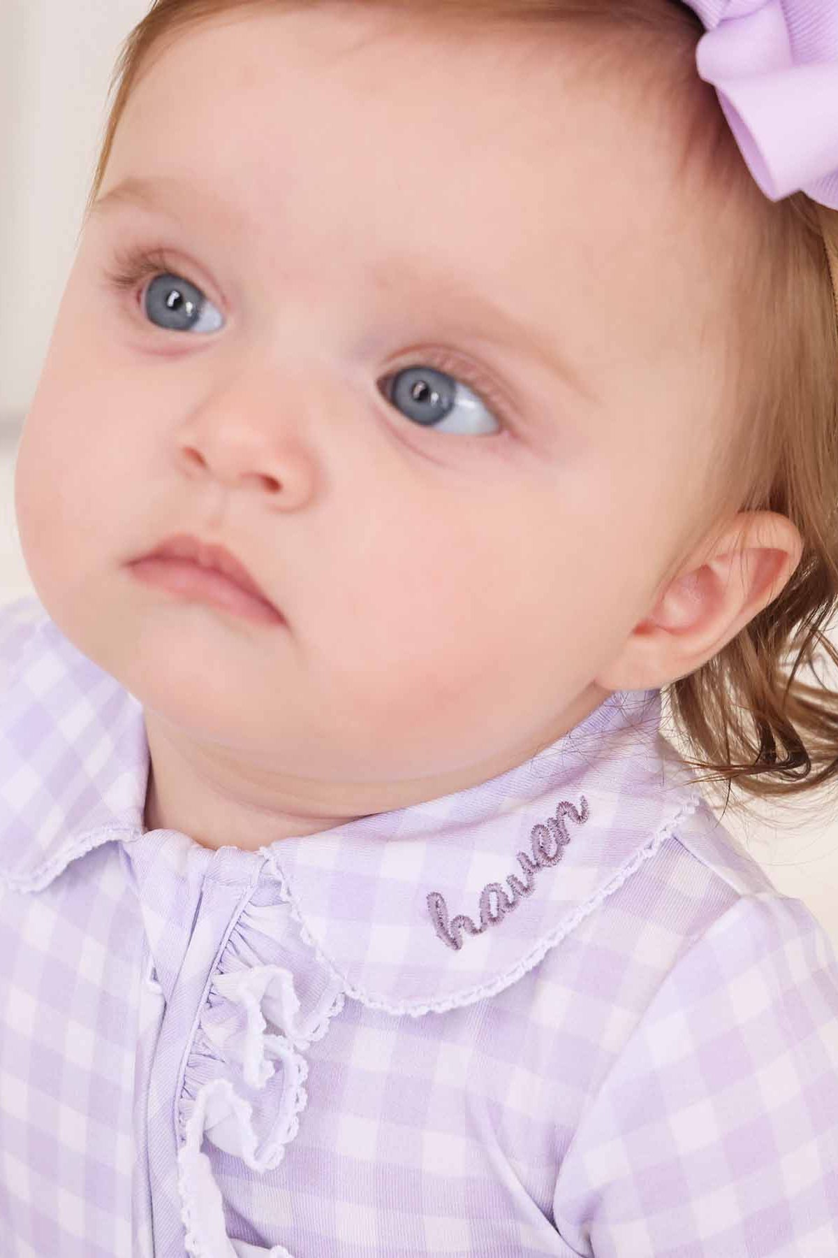 Peter Pan Collar Ruffle Zipper Footie | Lilac Gingham