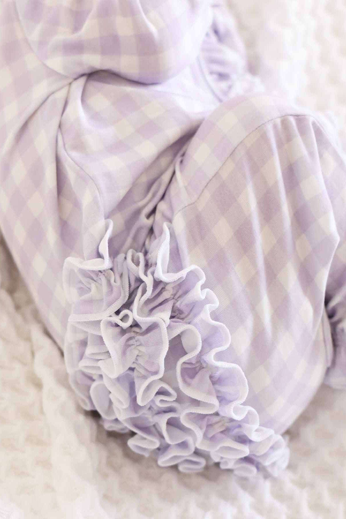 Peter Pan Collar Ruffle Zipper Footie | Lilac Gingham