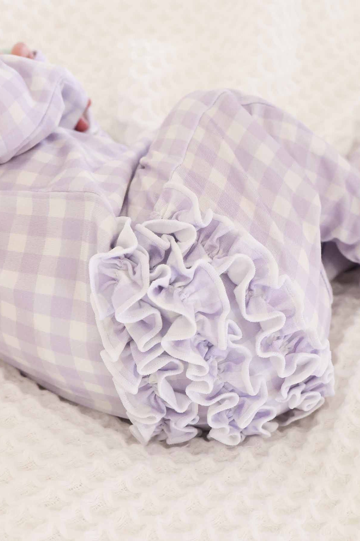 Peter Pan Collar Ruffle Zipper Footie | Lilac Gingham