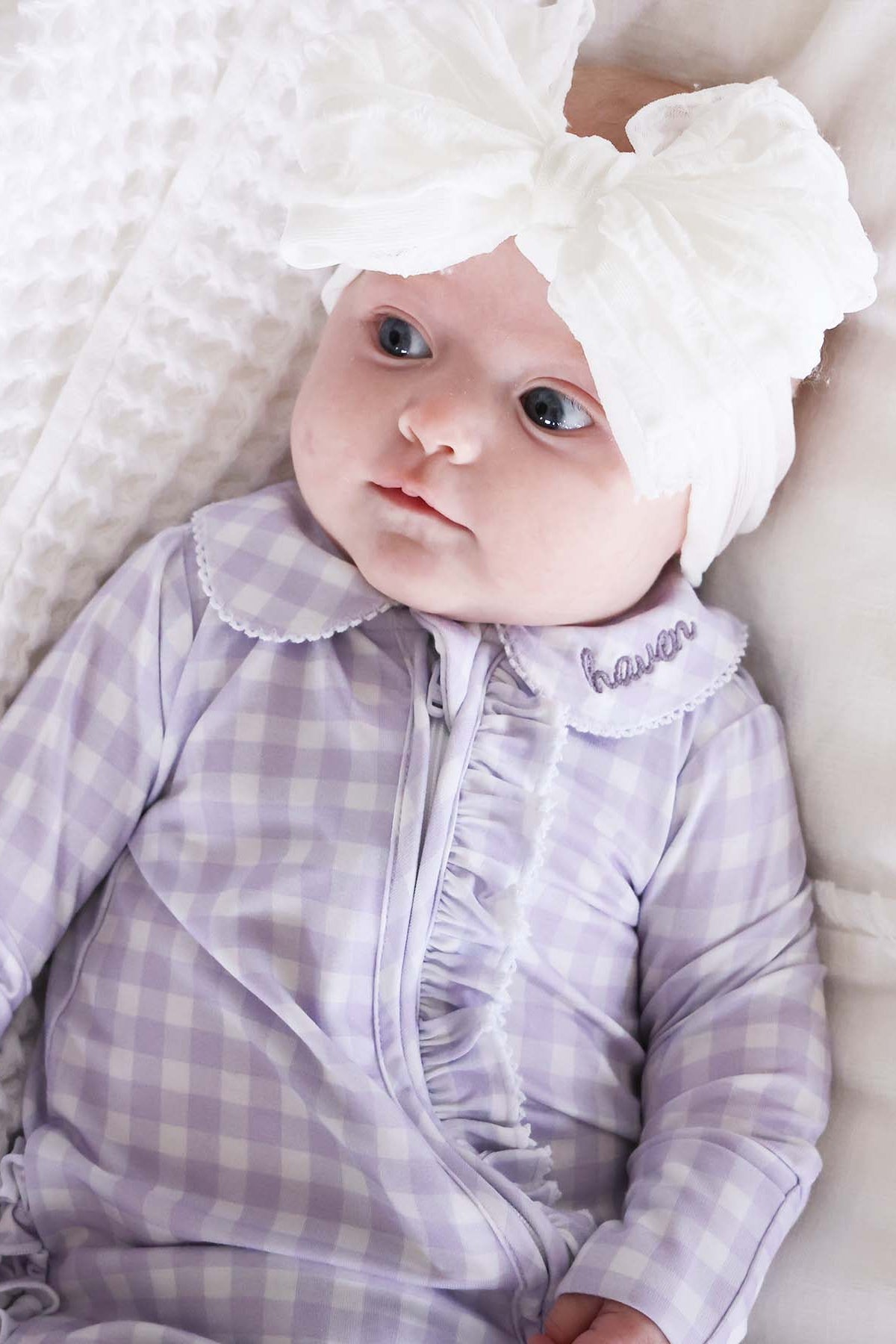Peter Pan Collar Ruffle Zipper Footie | Lilac Gingham