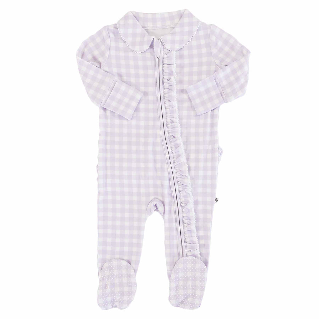 Peter Pan Collar Ruffle Zipper Footie | Lilac Gingham