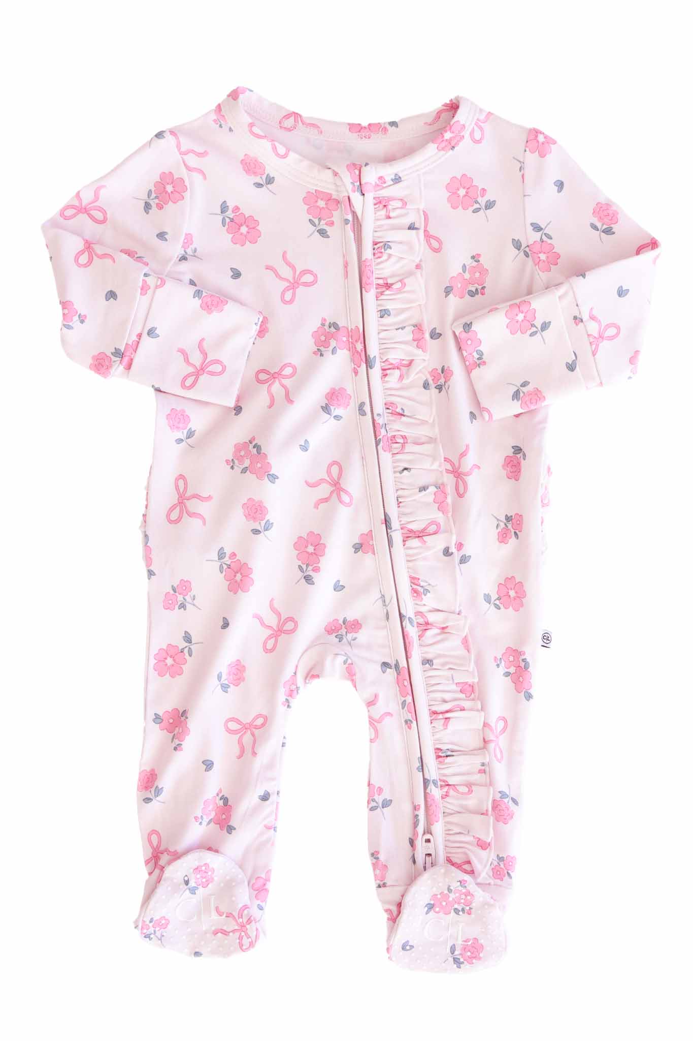 Ribbon & Roses Ruffle Zipper Footie | Pink