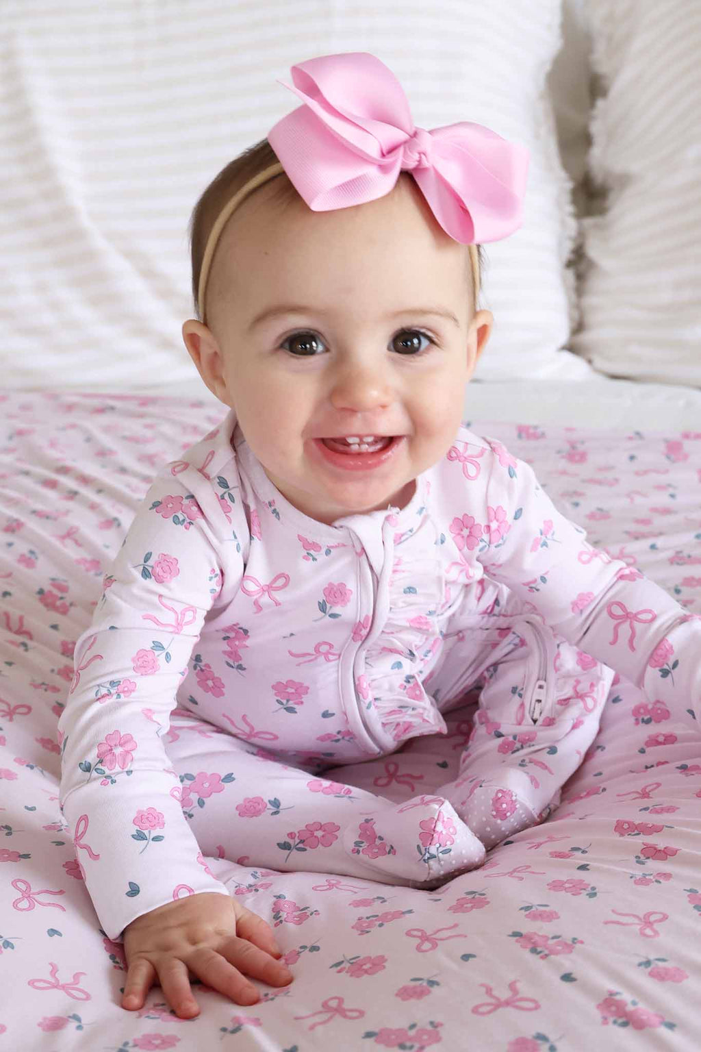 Ribbon & Roses Ruffle Zipper Footie | Pink