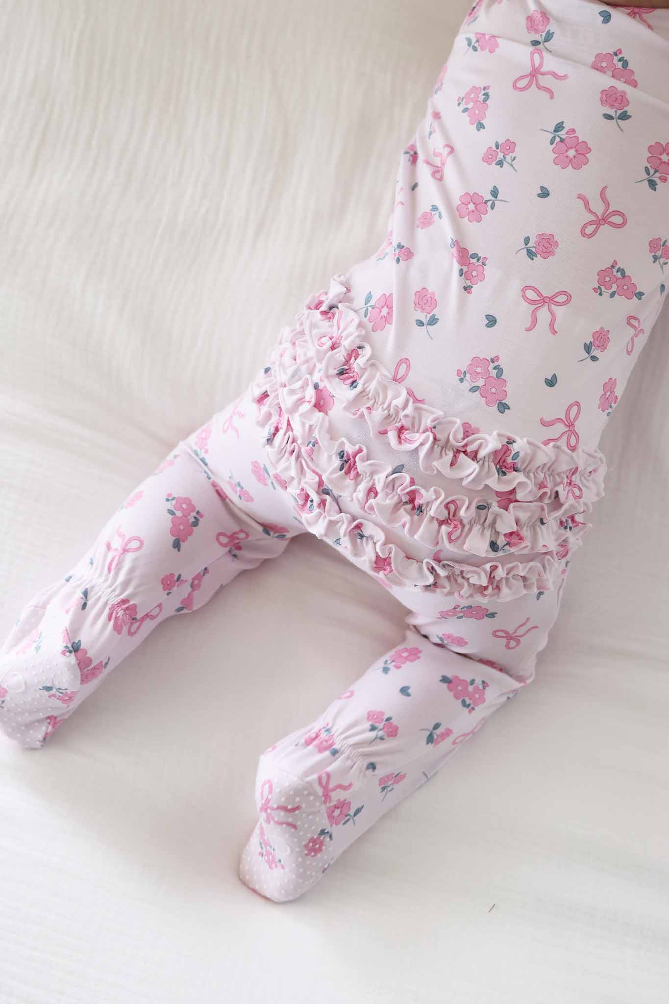 Ribbon & Roses Ruffle Zipper Footie | Pink