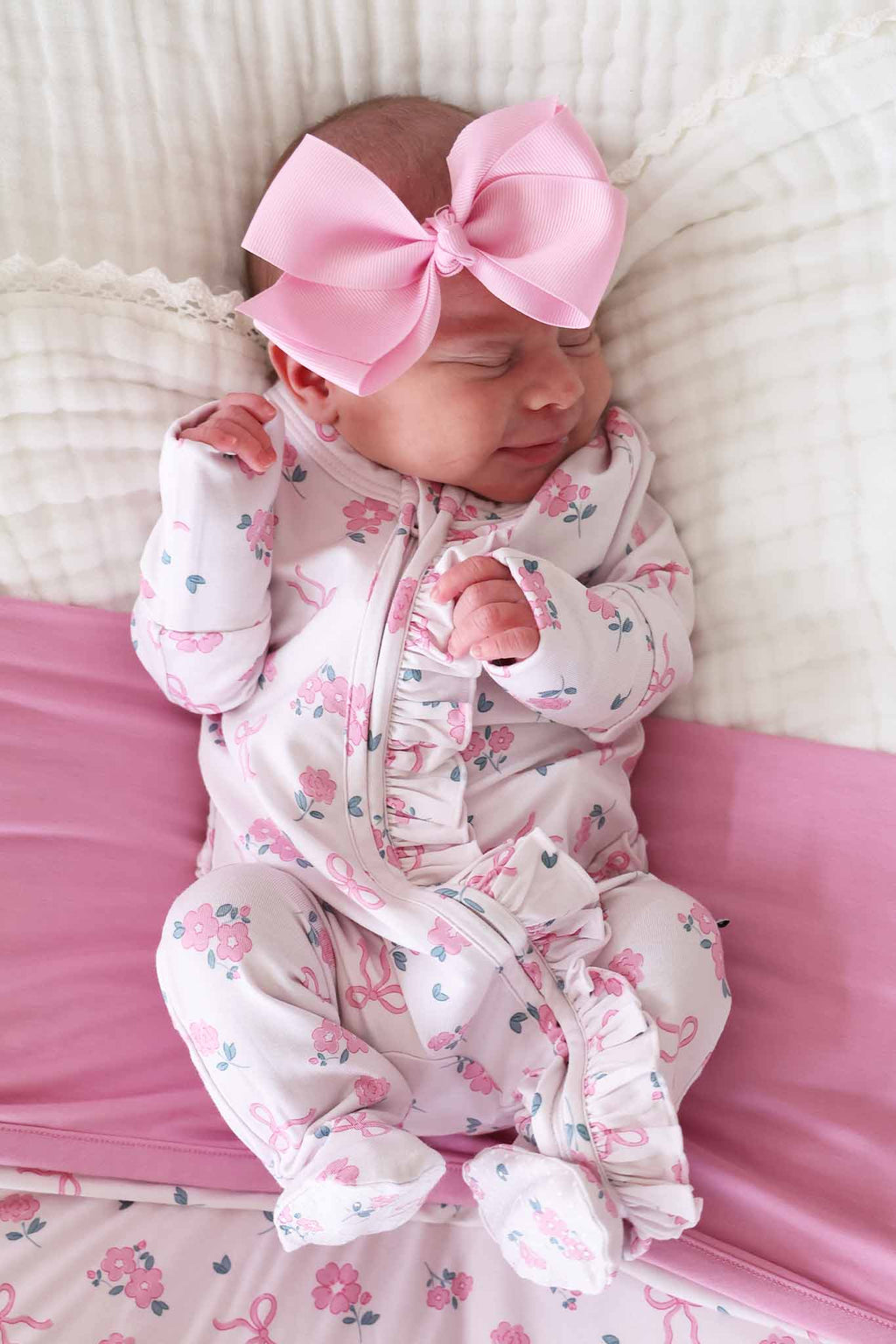 Ribbon & Roses Ruffle Zipper Footie | Pink