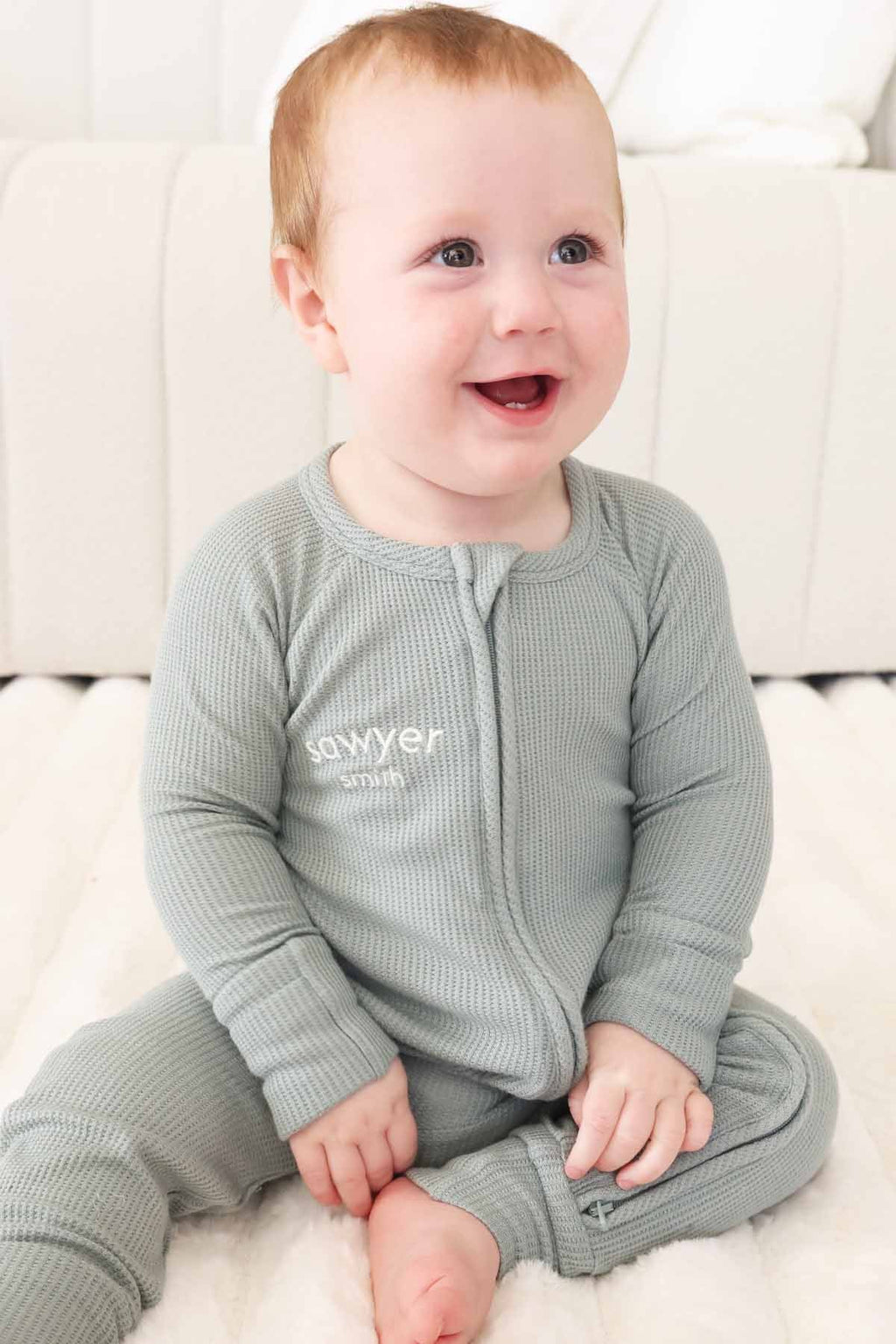 Embroidered Bamboo Waffle Convertible Zip Rompers | Mountain Haze