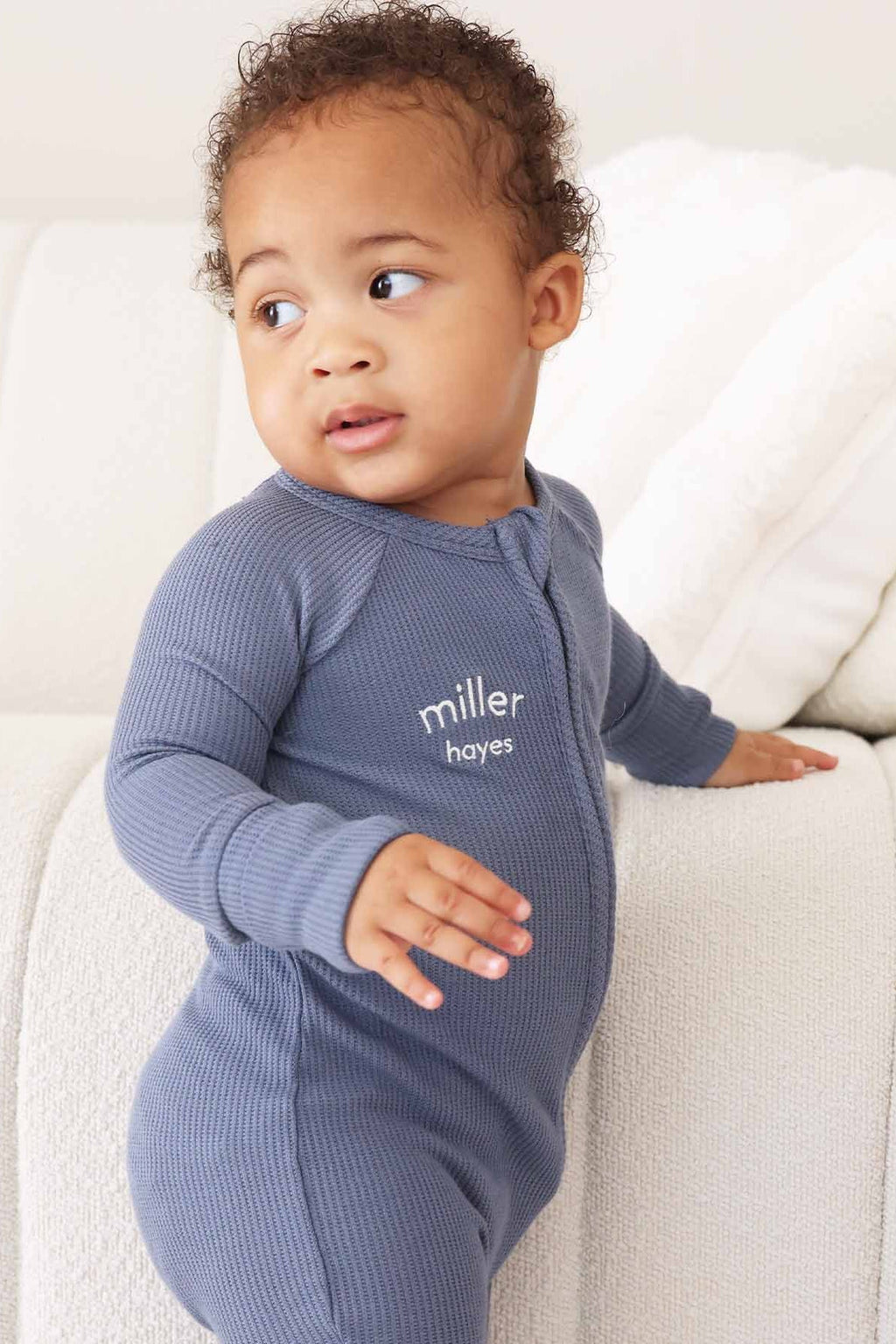 Embroidered Bamboo Waffle Convertible Zip Romper | Lake