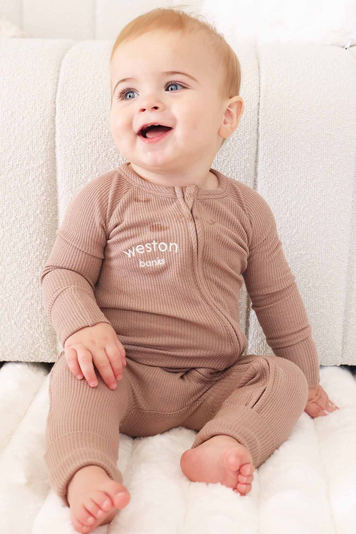 Embroidered Bamboo Waffle Convertible Zip Romper | Cocoa