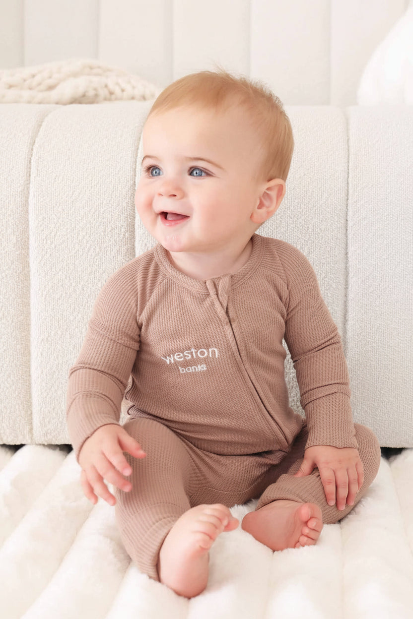 Embroidered Bamboo Waffle Convertible Zip Romper | Cocoa
