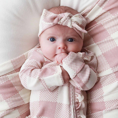 Big Check Bamboo Waffle Knit Large Bow Headwrap | Rosy