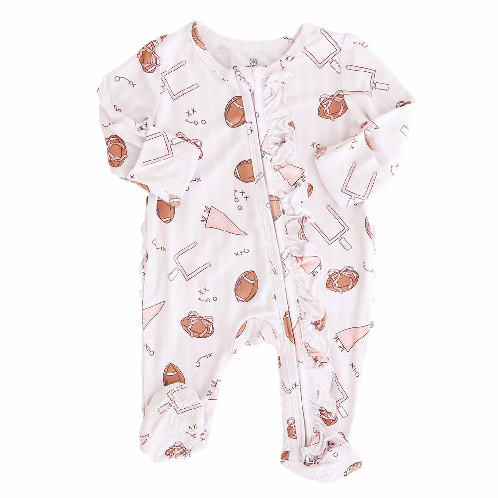 Tiny Touchdowns Ruffle Zipper Footie | Pink
