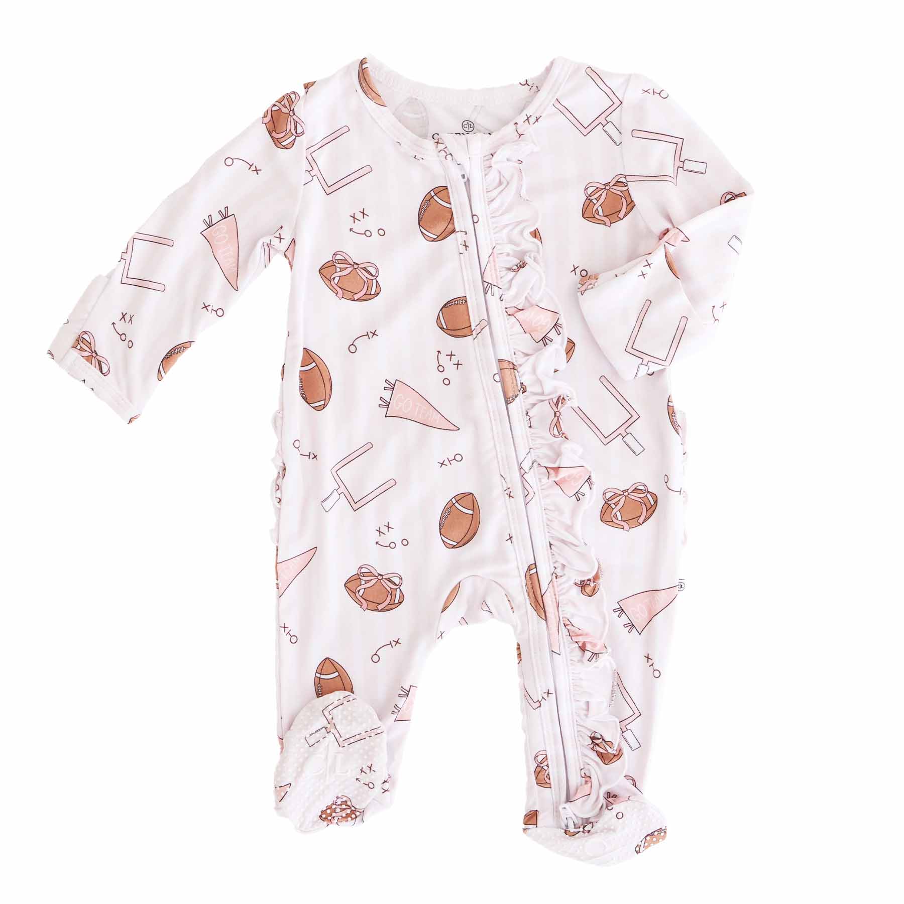 Tiny Touchdowns Ruffle Zipper Footie | Pink